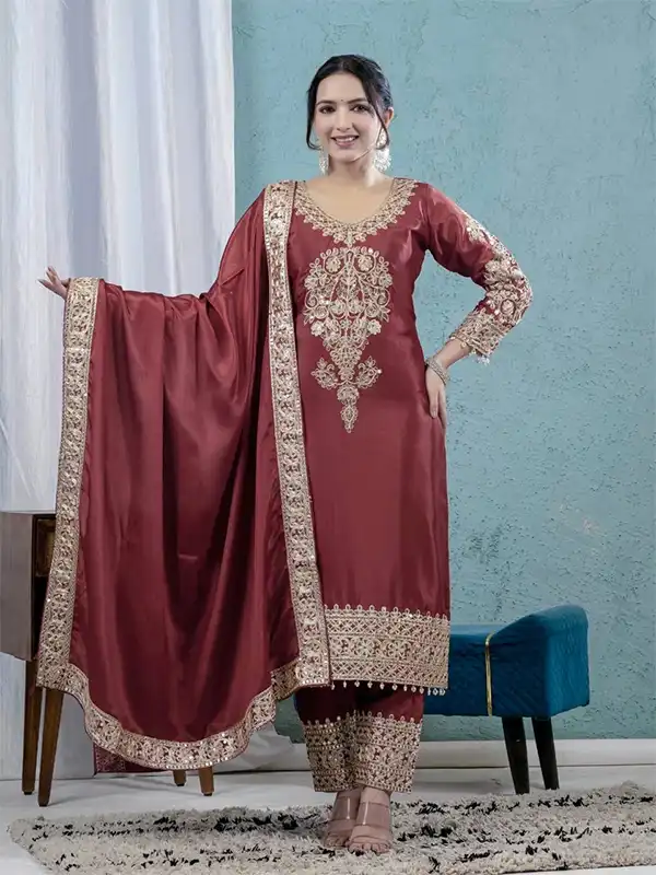 Wine Red Sharara Suit for Women in Chinnon Silk